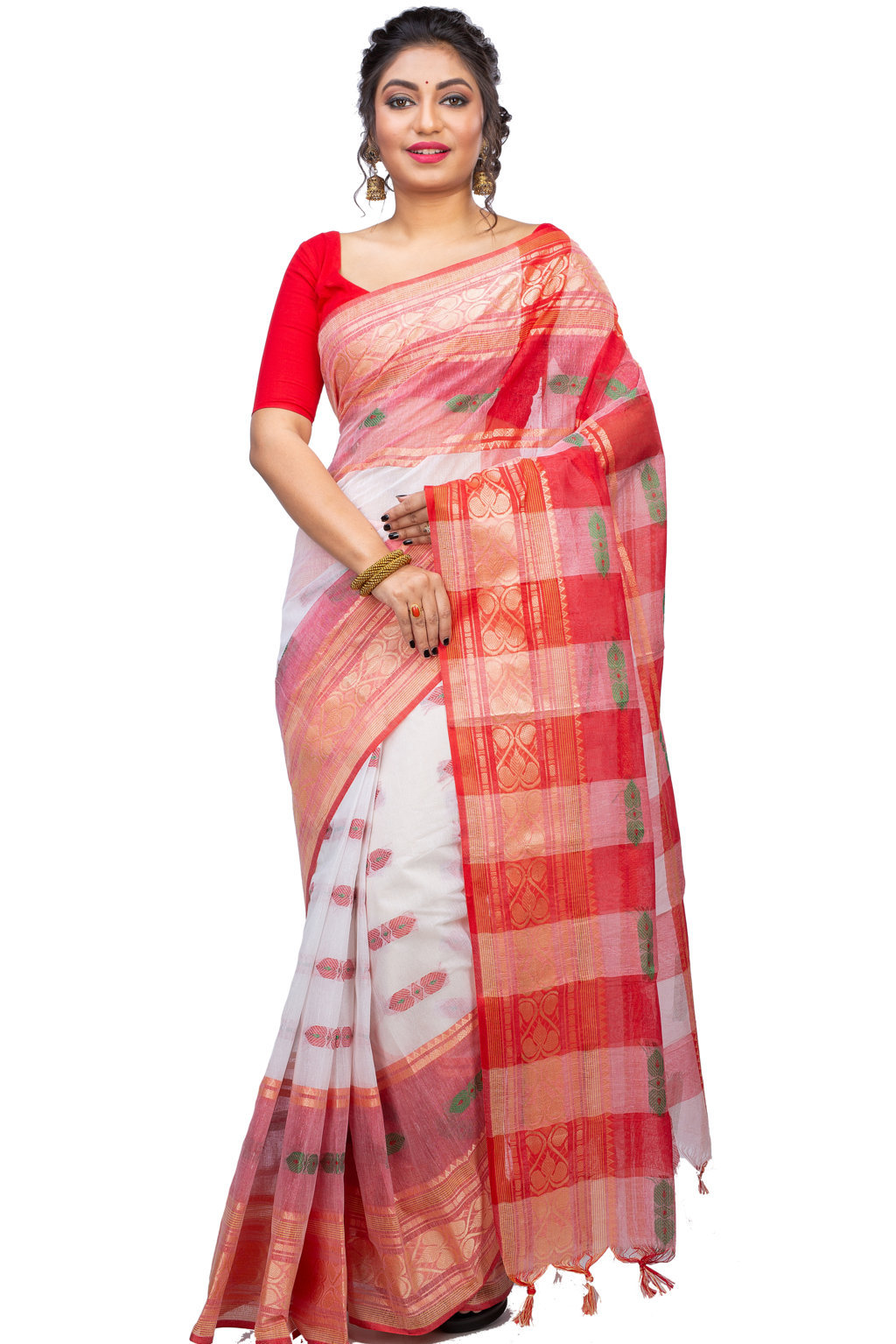 White Red Pure Cotton Raj Nandi Desigine Tant Saree (2807)