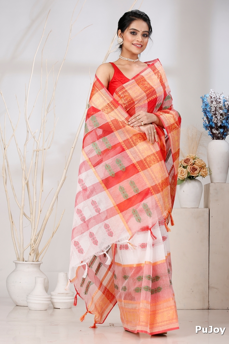 White Red Pure Cotton Raj Nandi Desigine Tant Saree (2807)