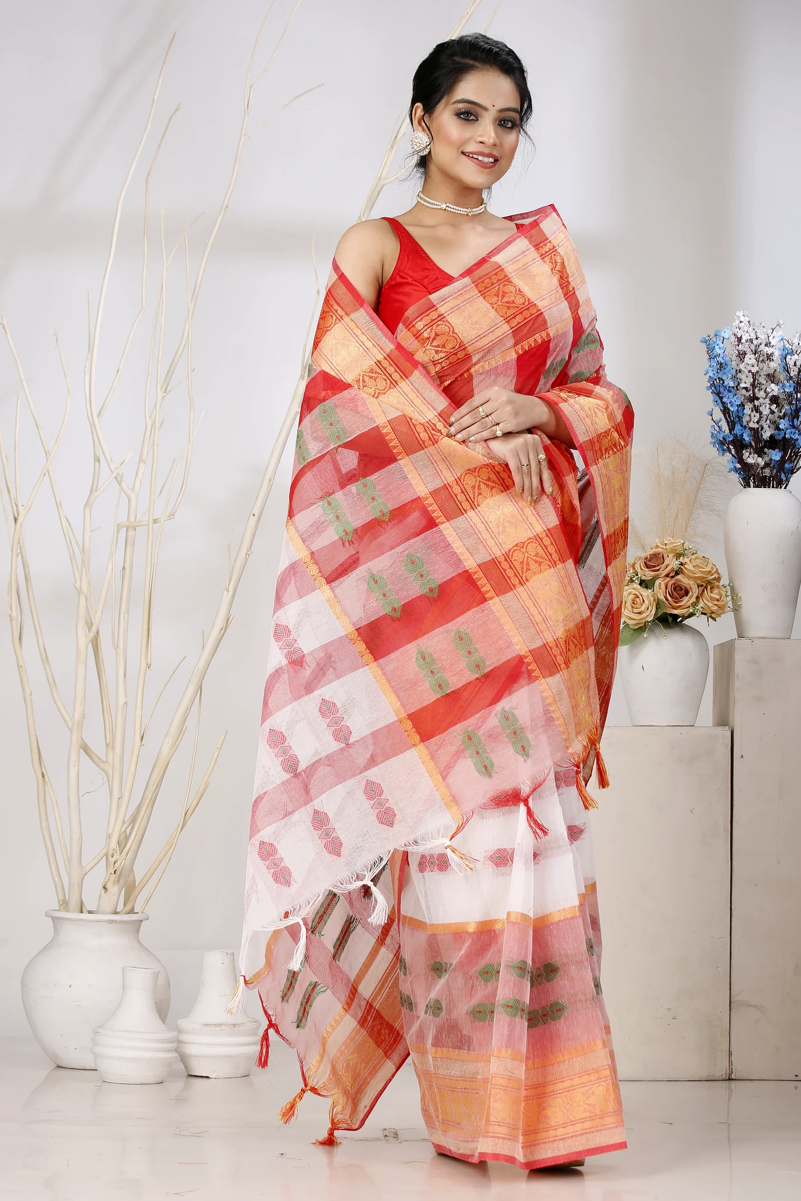White Red Pure Cotton Raj Nandi Desigine Tant Saree (2807)