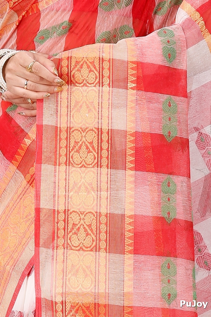 White Red Pure Cotton Raj Nandi Desigine Tant Saree (2807)