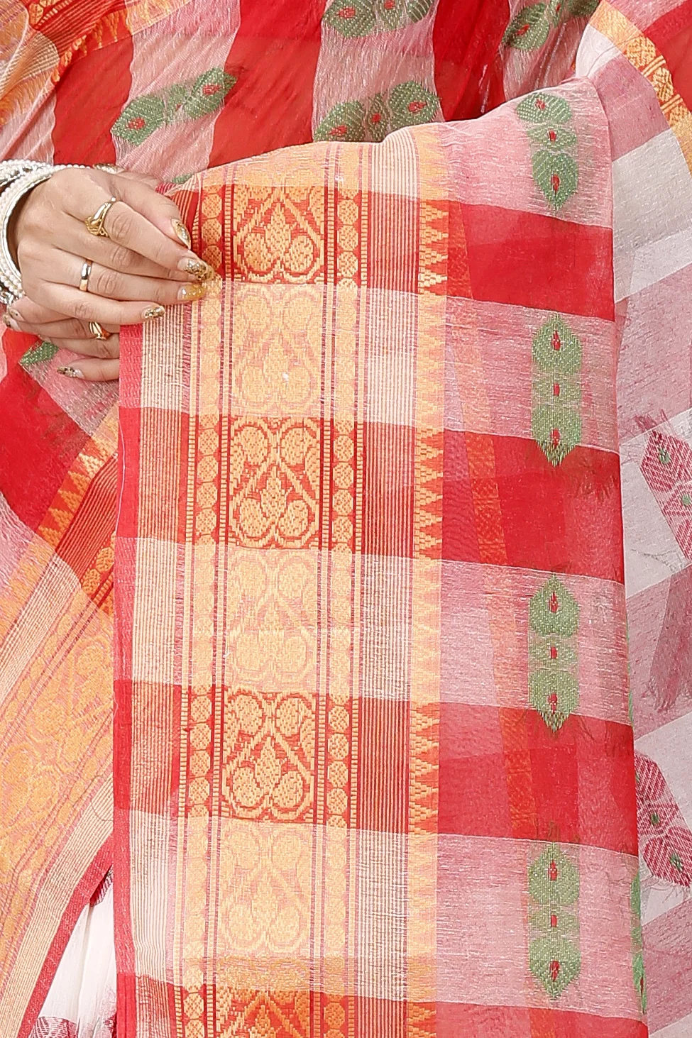 White Red Pure Cotton Raj Nandi Desigine Tant Saree (2807)