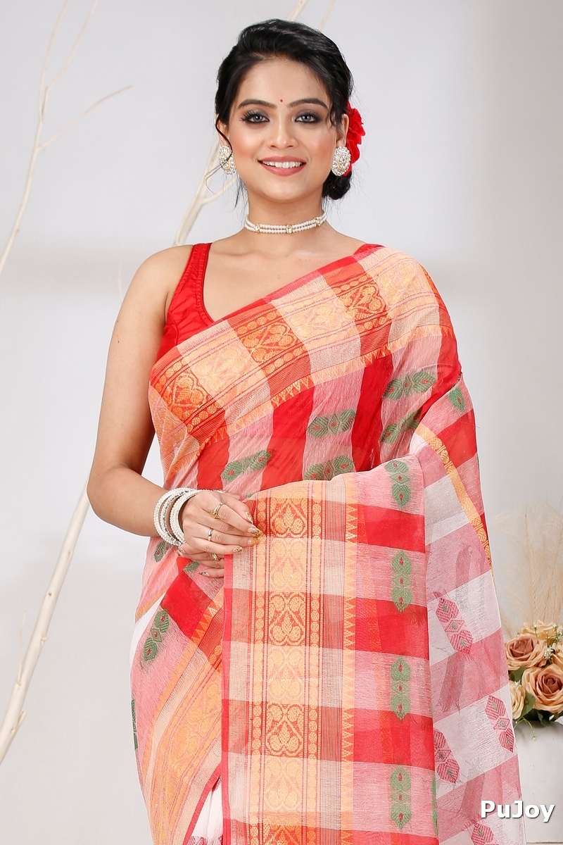 White Red Pure Cotton Raj Nandi Desigine Tant Saree (2807)