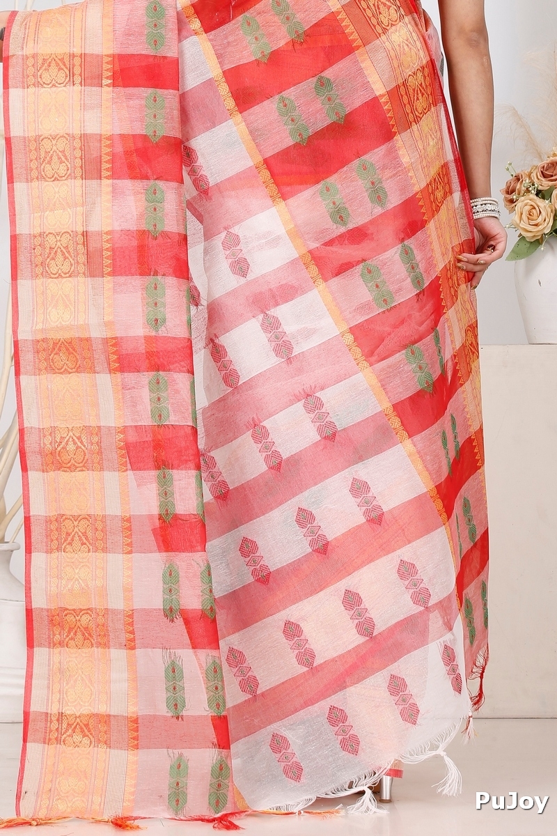 White Red Pure Cotton Raj Nandi Desigine Tant Saree (2807)