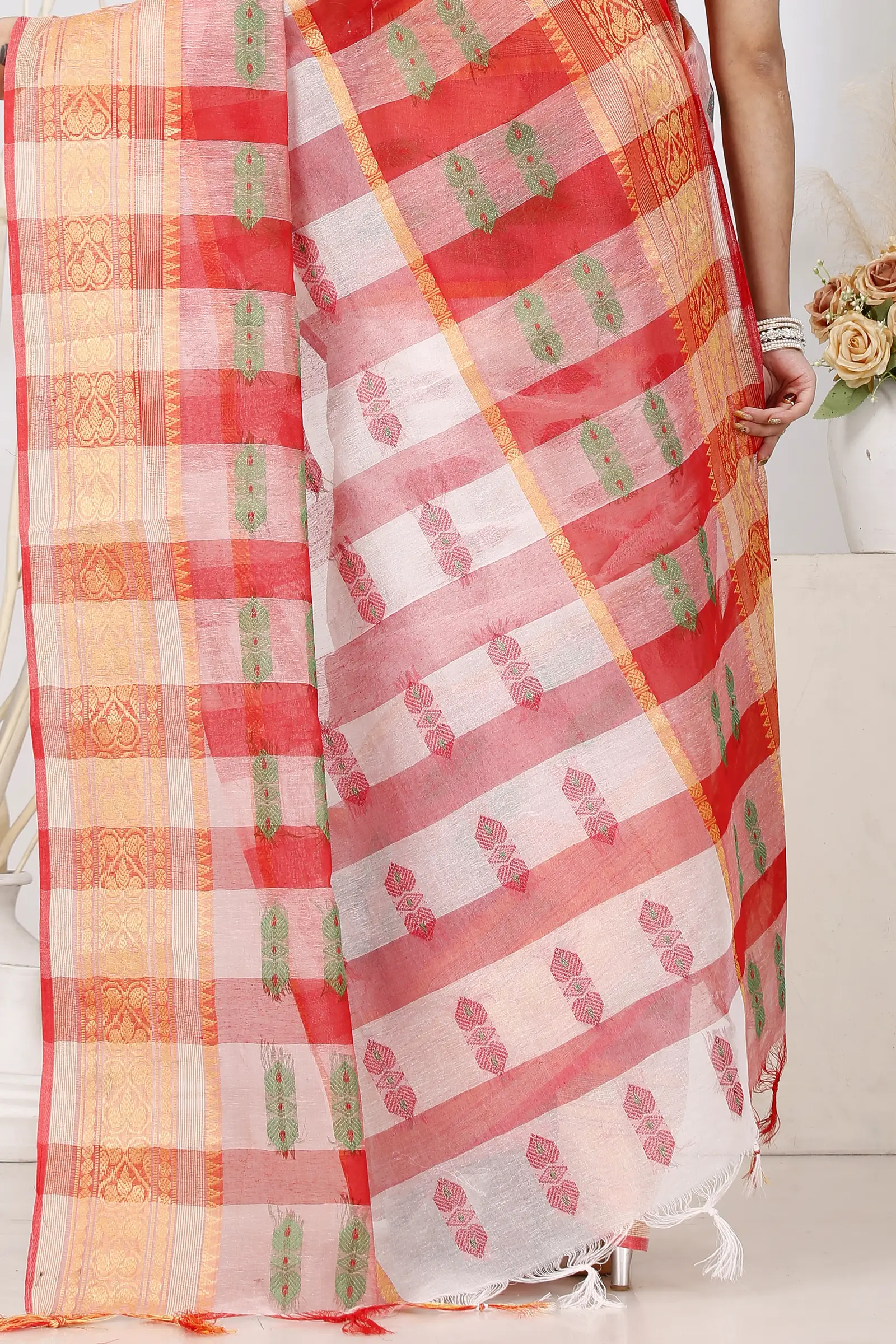 White Red Pure Cotton Raj Nandi Desigine Tant Saree (2807)