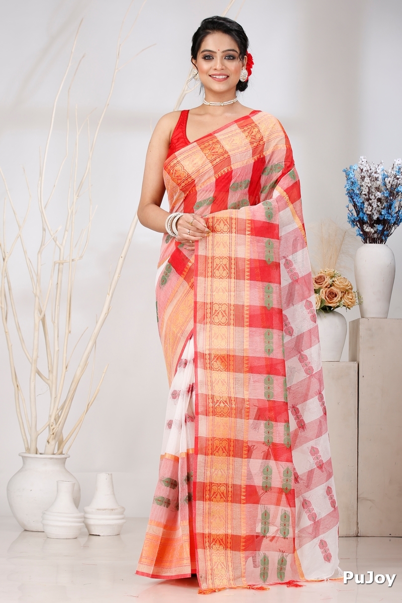 White Red Pure Cotton Raj Nandi Desigine Tant Saree (2807)