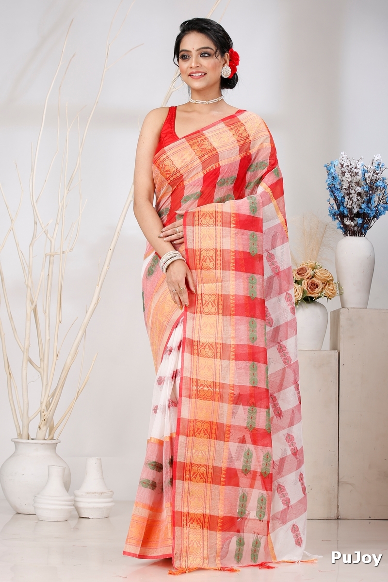 White Red Pure Cotton Raj Nandi Desigine Tant Saree (2807)