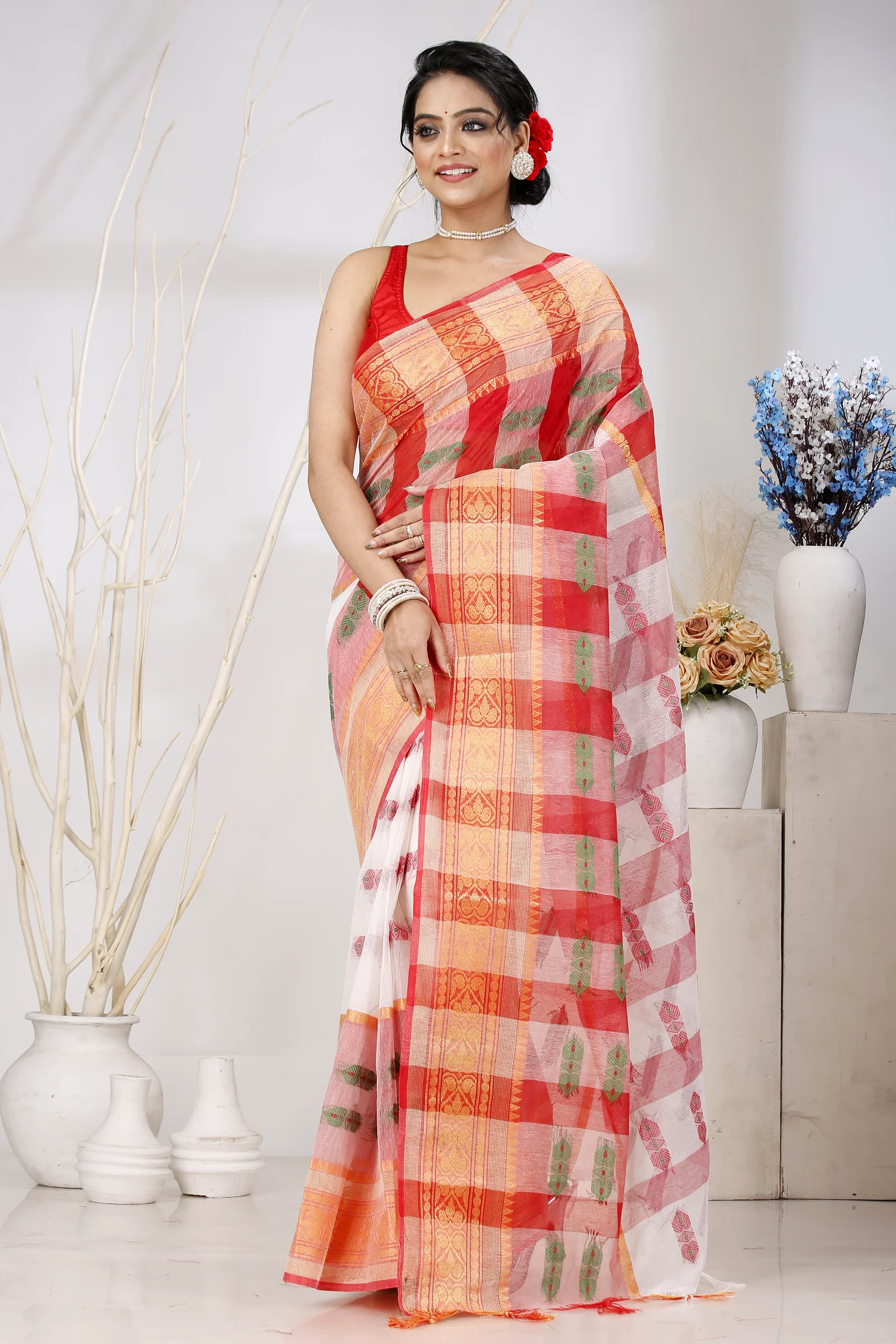 White Red Pure Cotton Raj Nandi Desigine Tant Saree (2807)