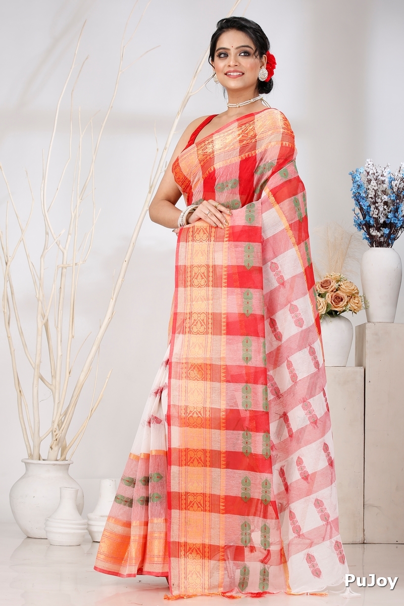 White Red Pure Cotton Raj Nandi Desigine Tant Saree (2807)