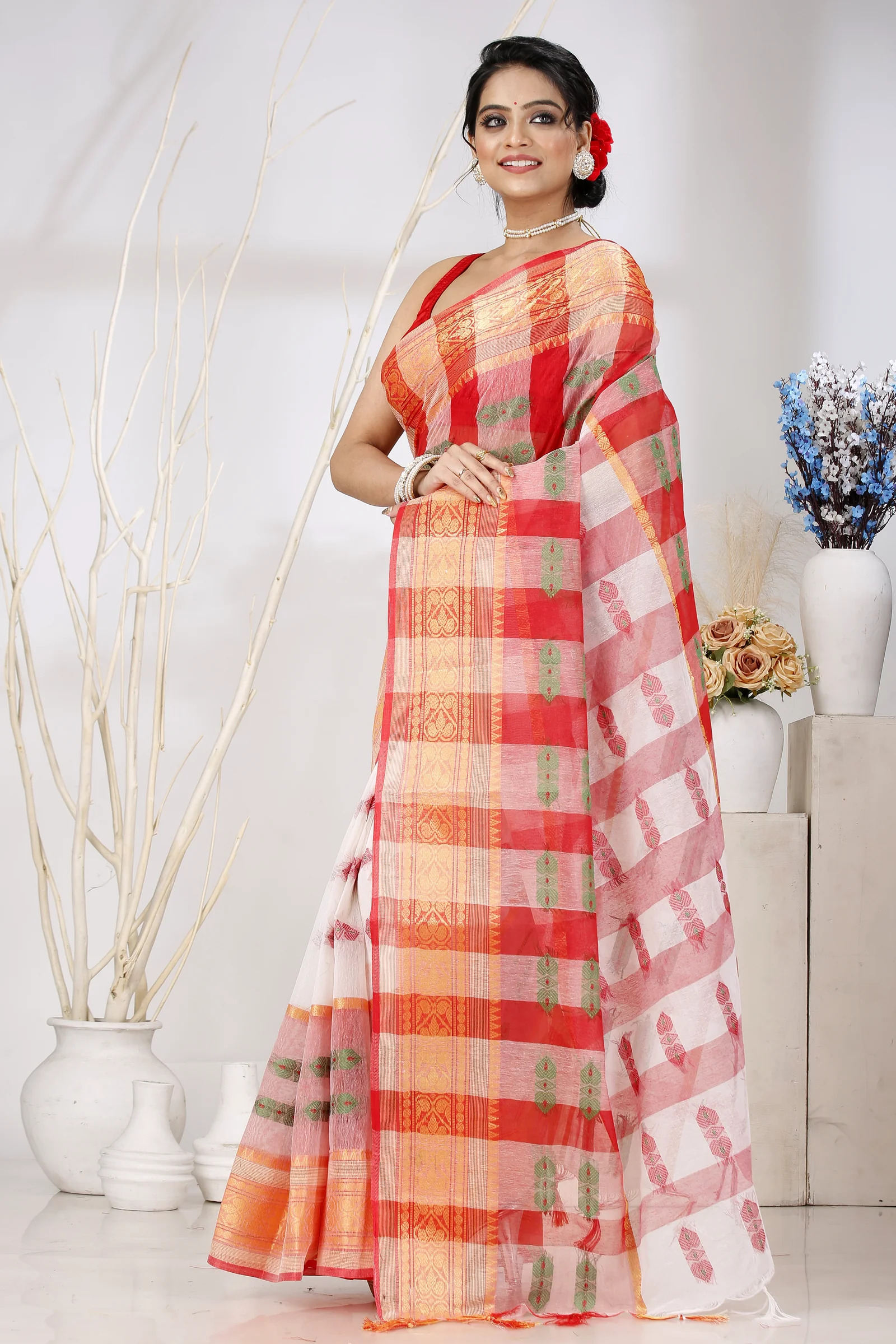 White Red Pure Cotton Raj Nandi Desigine Tant Saree (2807)