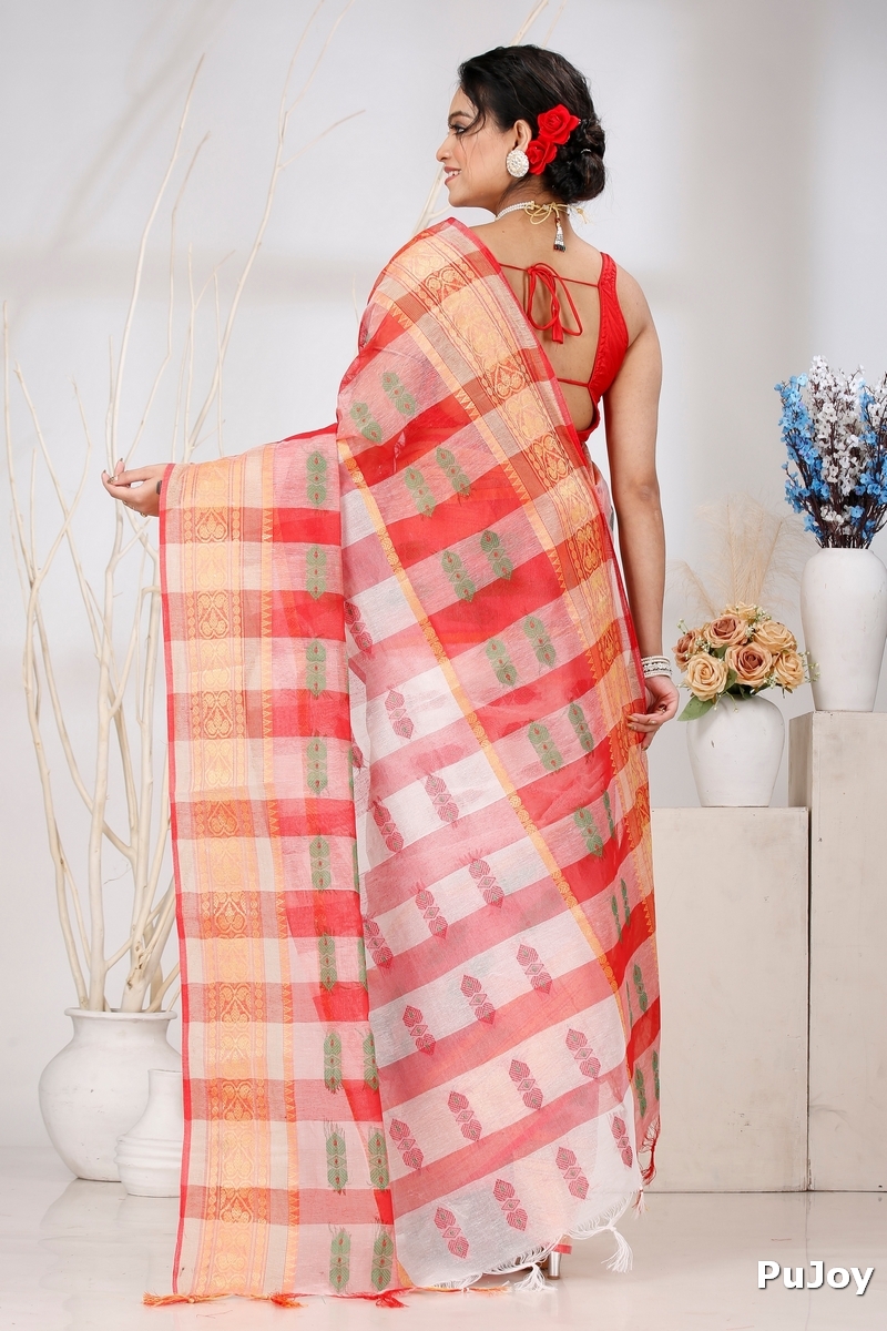 White Red Pure Cotton Raj Nandi Desigine Tant Saree (2807)