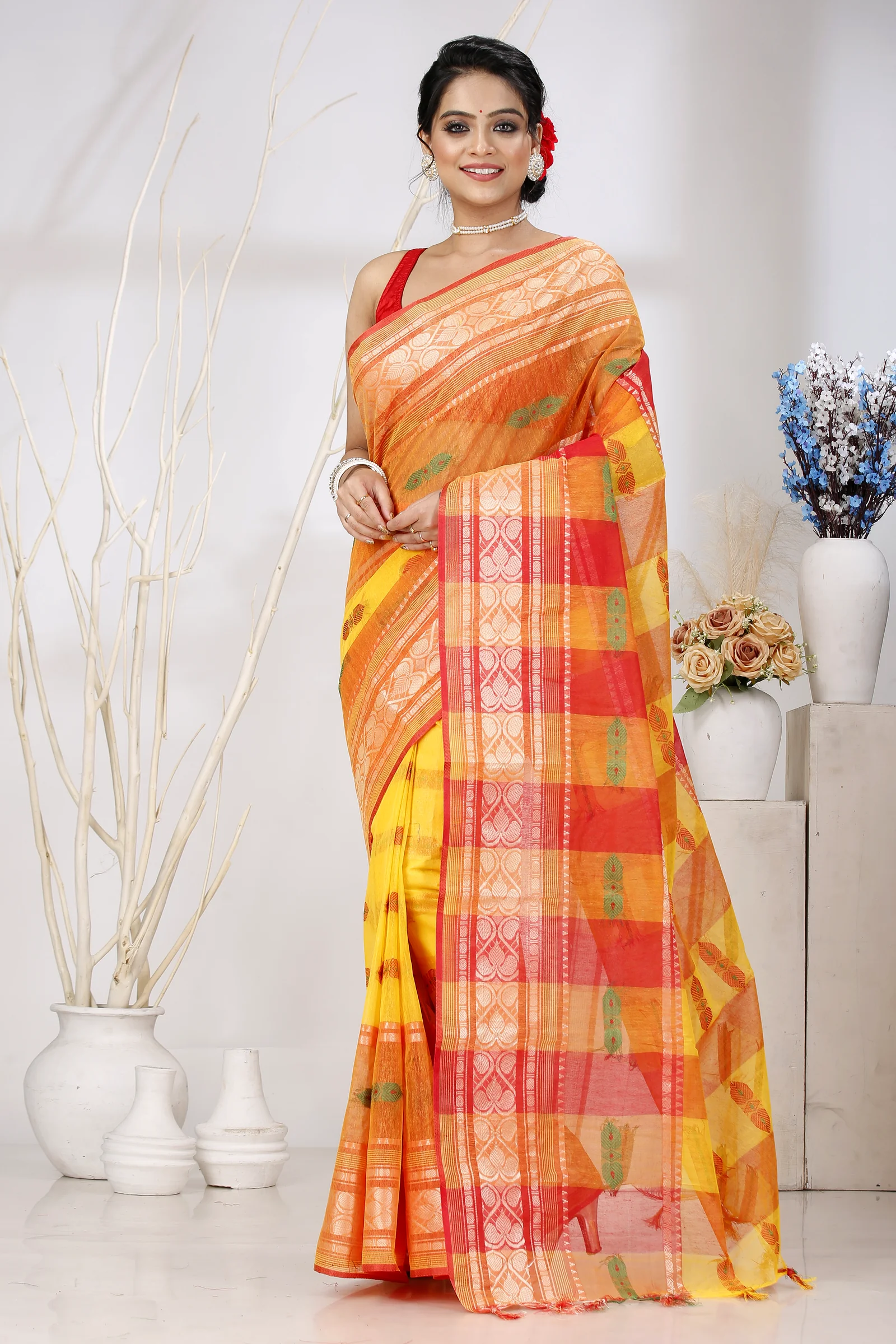 Yellow Red Pure Cotton Raj Nandi Desigine Tant Saree (2808)