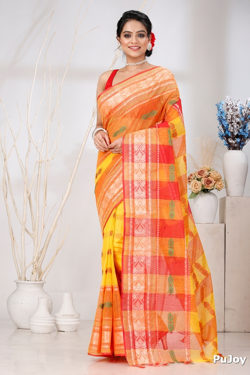 Yellow Red Pure Cotton Raj Nandi Desigine Tant Saree (2808)