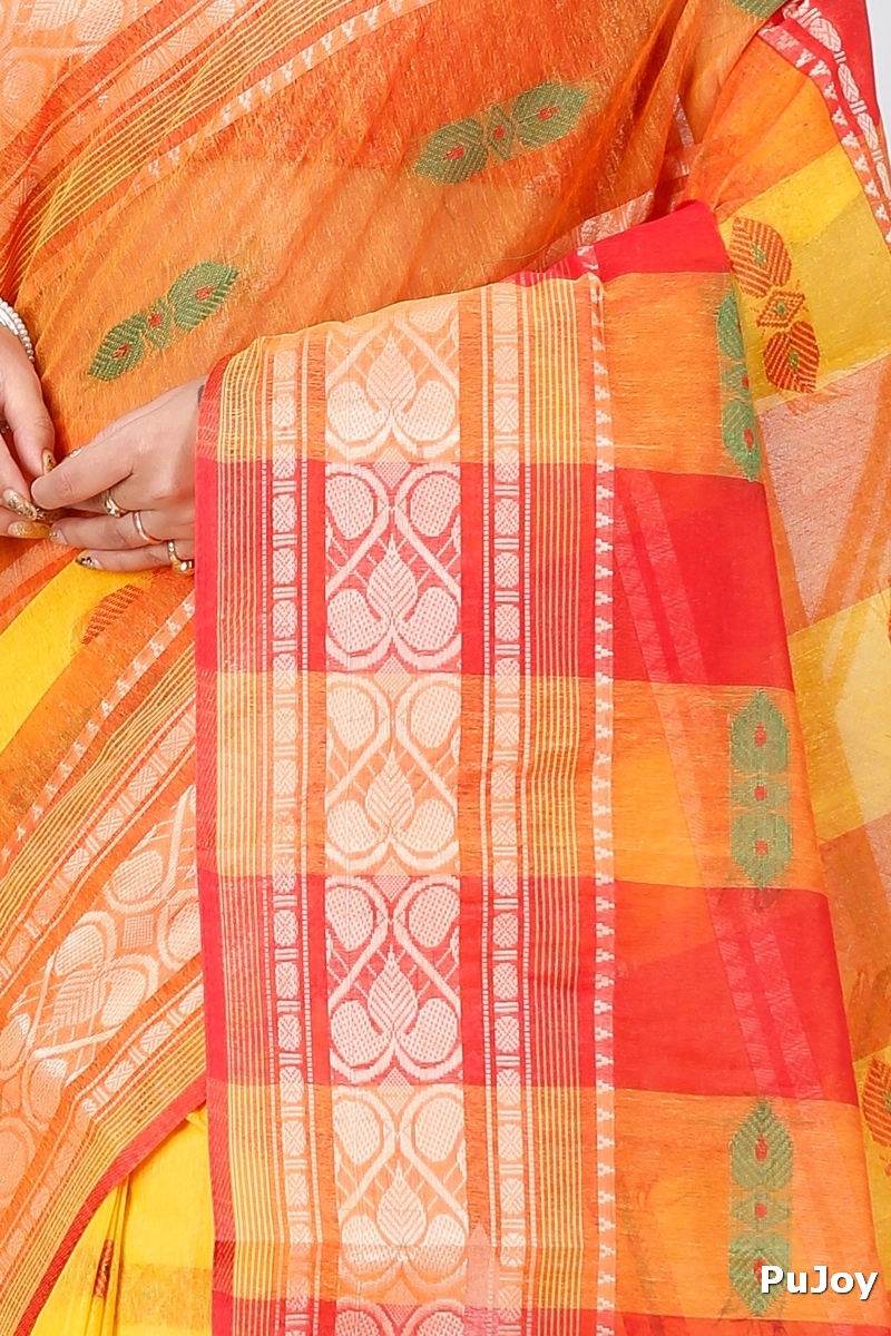 Yellow Red Pure Cotton Raj Nandi Desigine Tant Saree (2808)