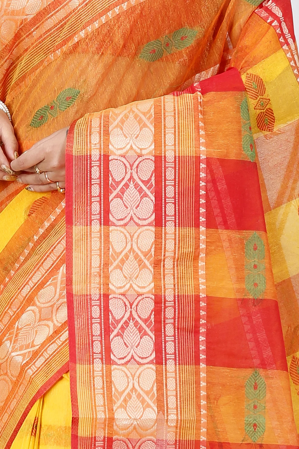 Yellow Red Pure Cotton Raj Nandi Desigine Tant Saree (2808)