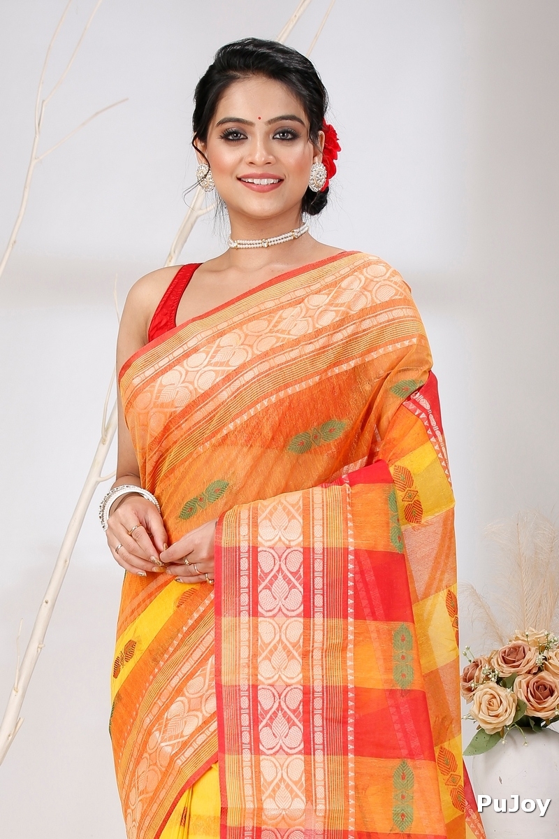Yellow Red Pure Cotton Raj Nandi Desigine Tant Saree (2808)