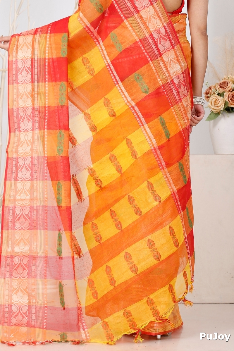 Yellow Red Pure Cotton Raj Nandi Desigine Tant Saree (2808)
