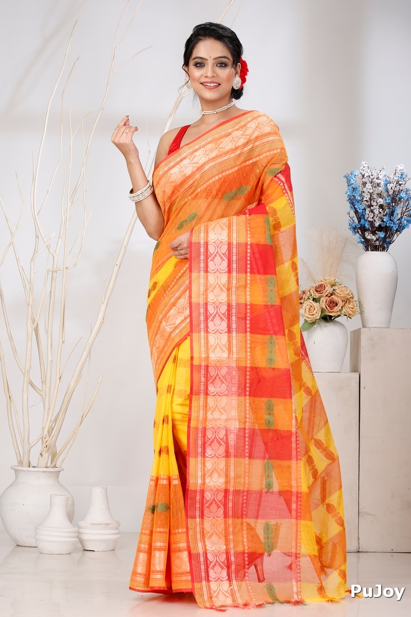 Yellow Red Pure Cotton Raj Nandi Desigine Tant Saree (2808)