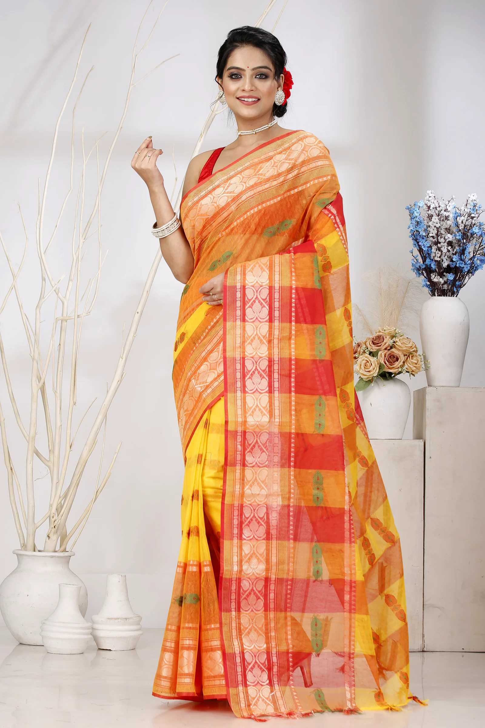 Yellow Red Pure Cotton Raj Nandi Desigine Tant Saree (2808)