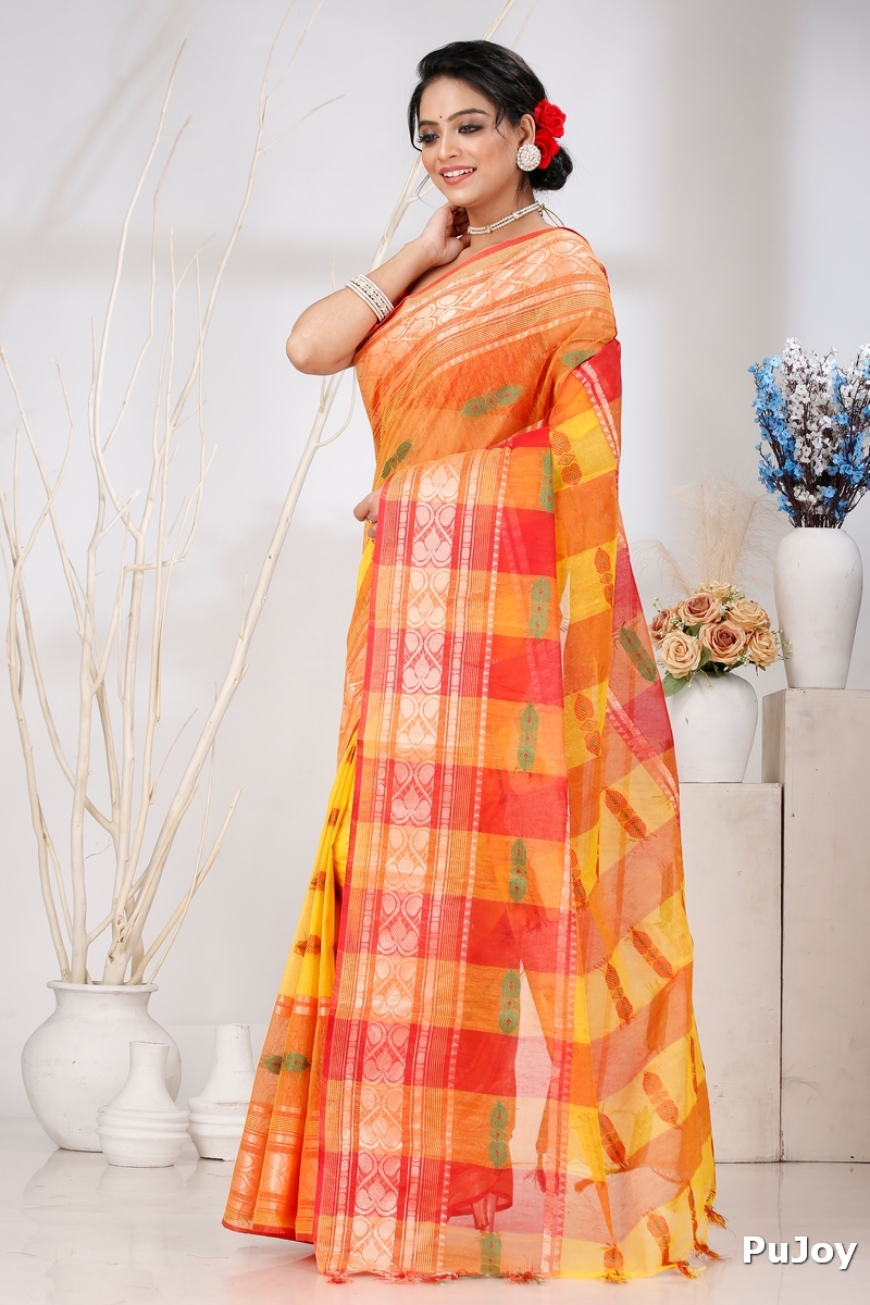 Yellow Red Pure Cotton Raj Nandi Desigine Tant Saree (2808)