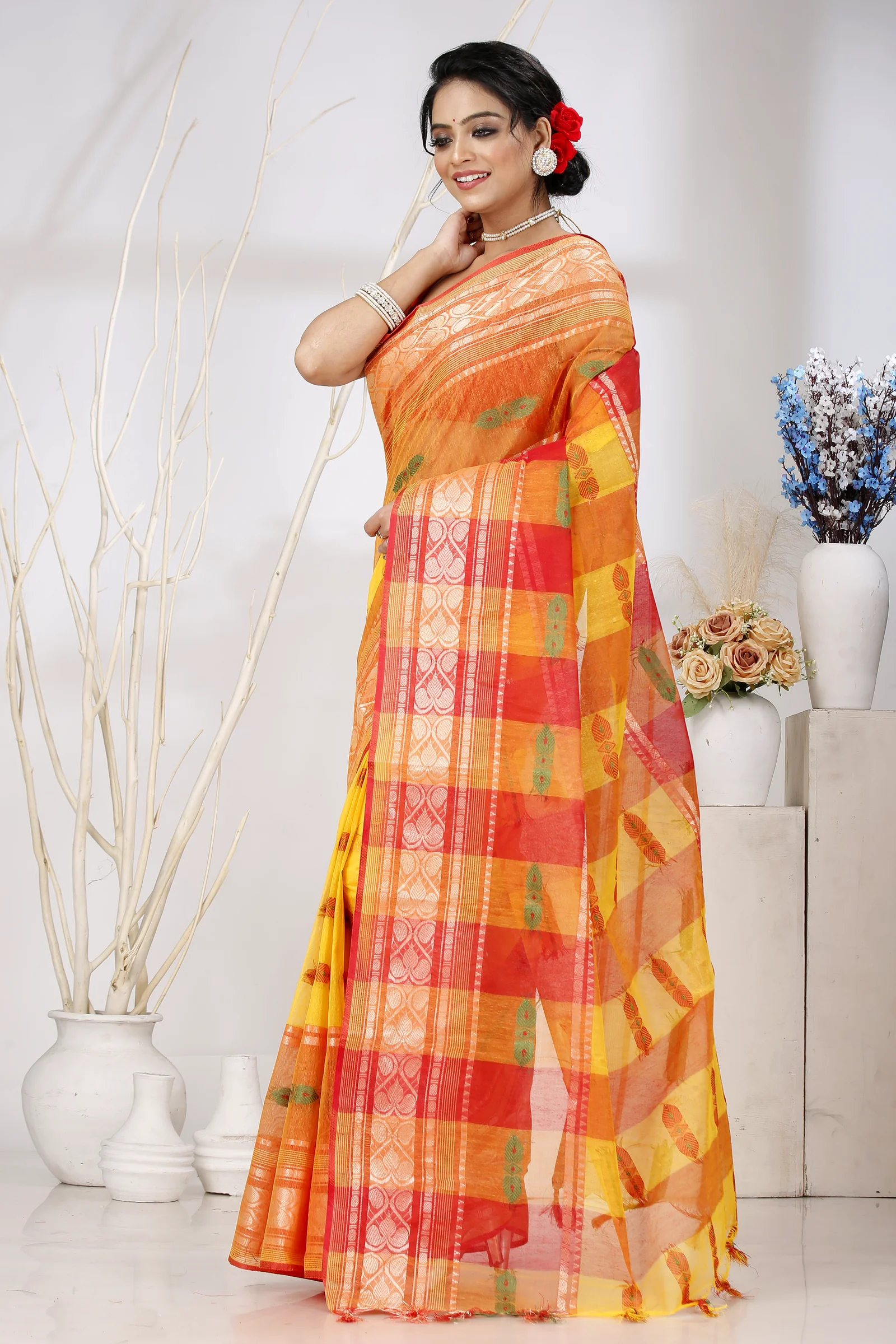 Yellow Red Pure Cotton Raj Nandi Desigine Tant Saree (2808)