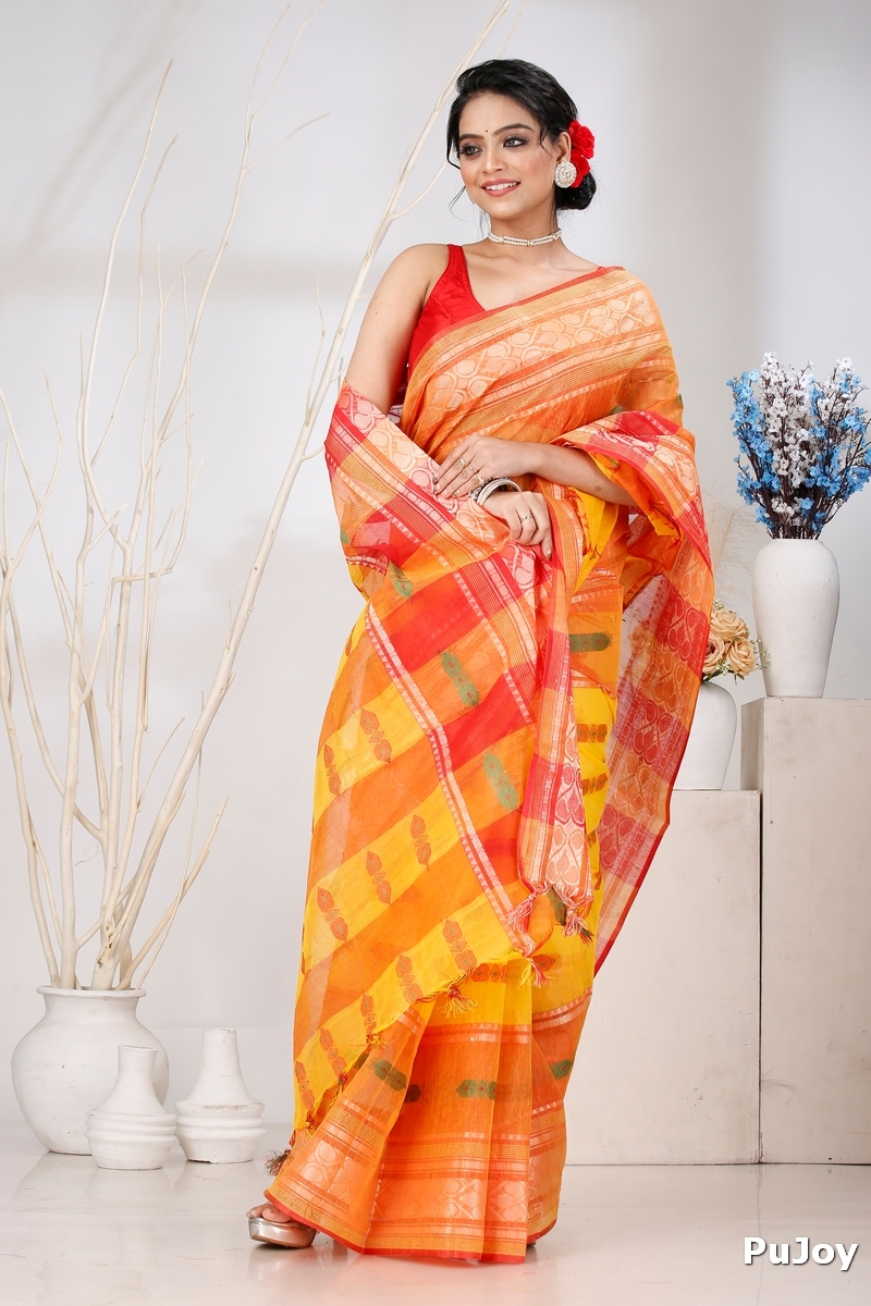 Yellow Red Pure Cotton Raj Nandi Desigine Tant Saree (2808)