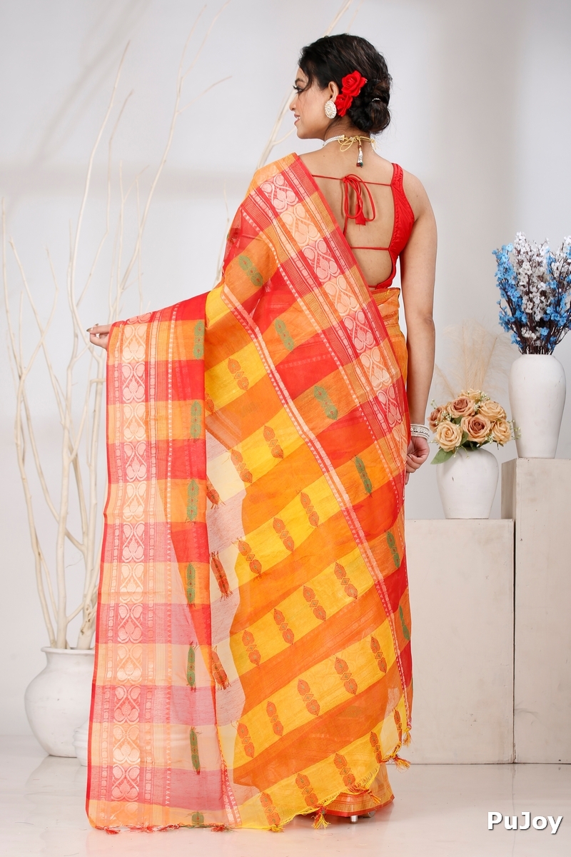 Yellow Red Pure Cotton Raj Nandi Desigine Tant Saree (2808)