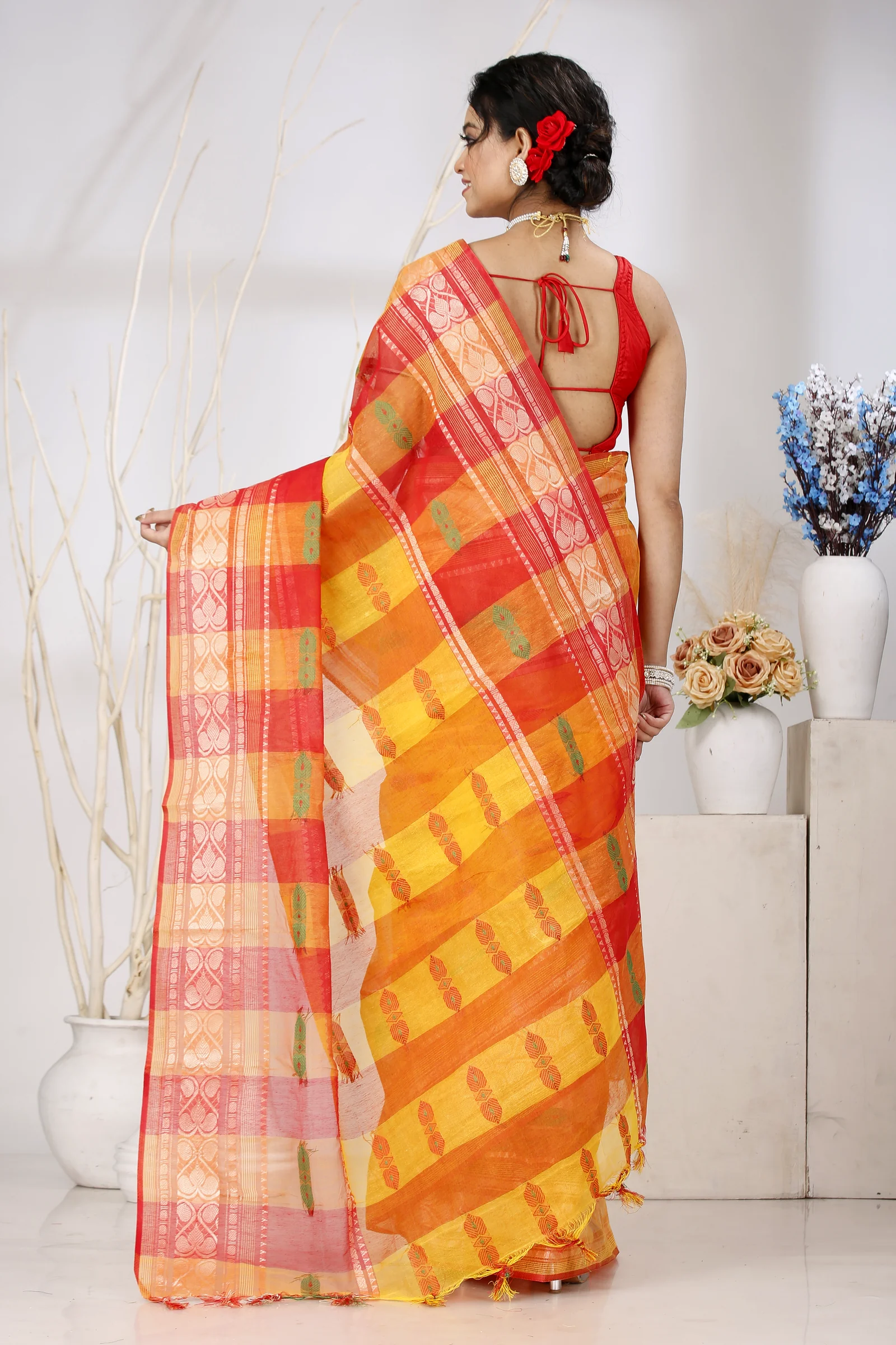 Yellow Red Pure Cotton Raj Nandi Desigine Tant Saree (2808)