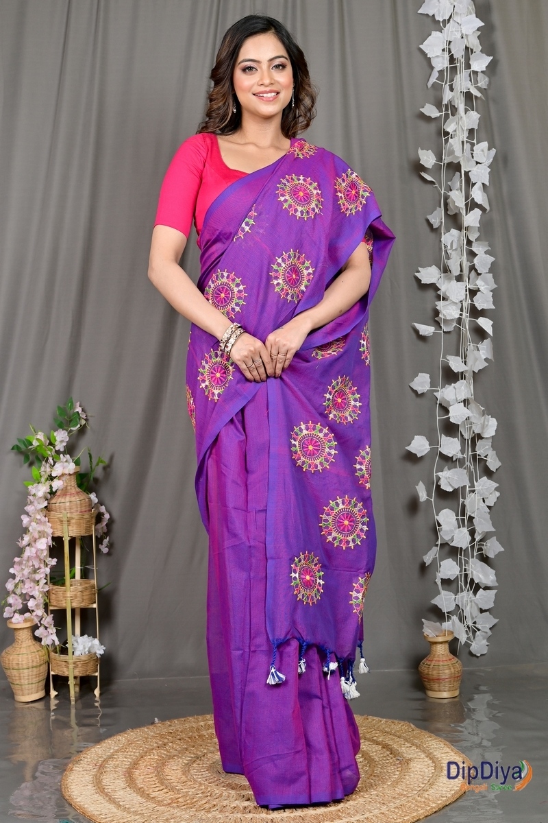 Purple Pure Cotton Parama Embroidery Handloom saree (282)