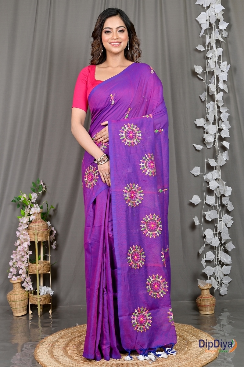 Purple Pure Cotton Parama Embroidery Handloom saree (282)