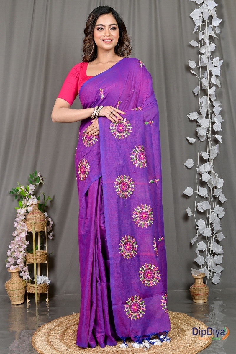 Purple Pure Cotton Parama Embroidery Handloom saree (282)