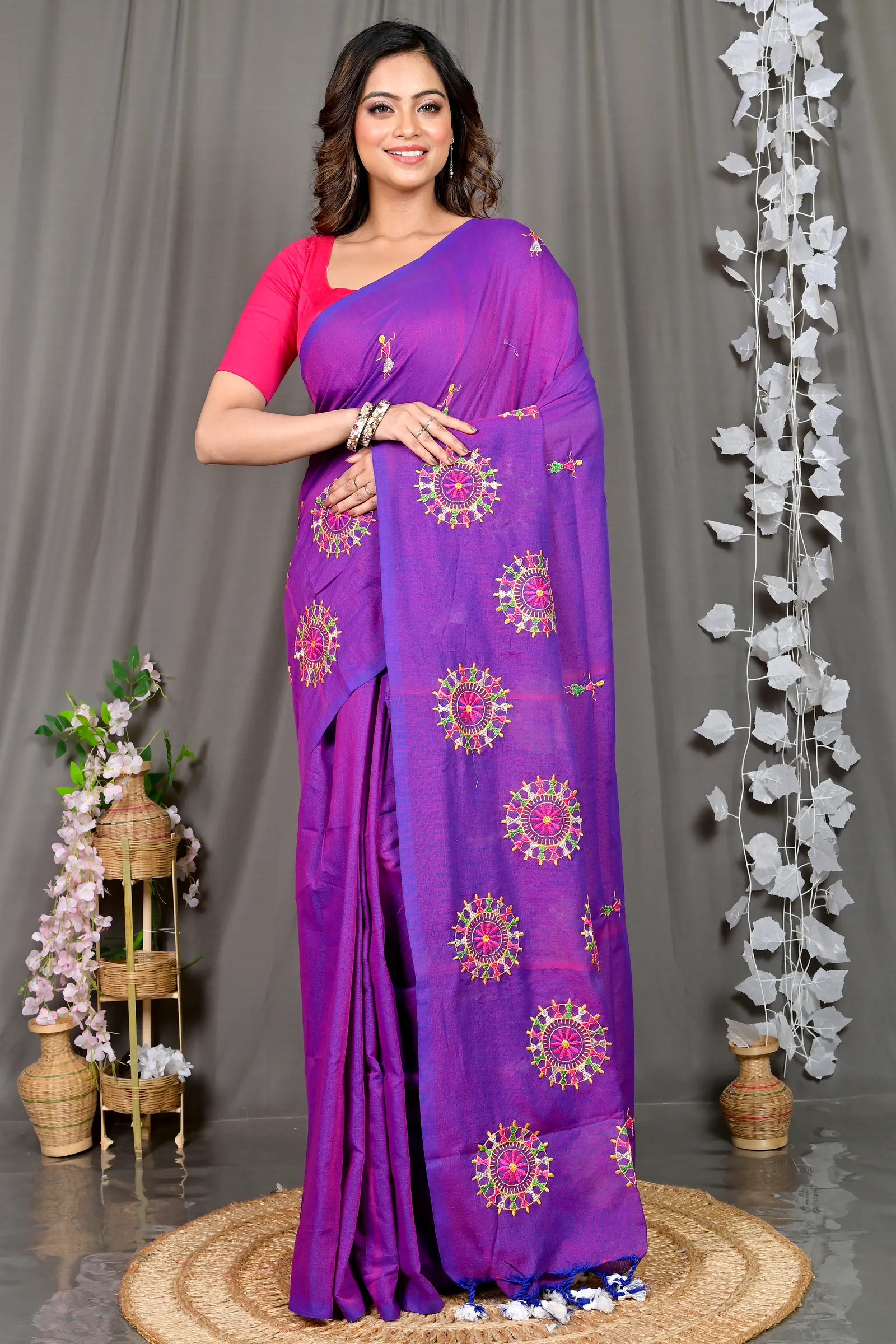 Purple Pure Cotton Parama Embroidery Handloom saree (282)