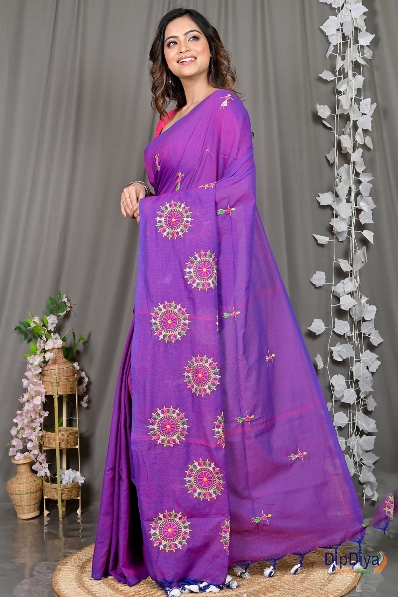 Purple Pure Cotton Parama Embroidery Handloom saree (282)
