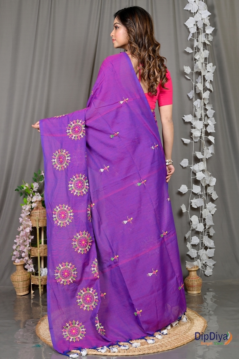 Purple Pure Cotton Parama Embroidery Handloom saree (282)