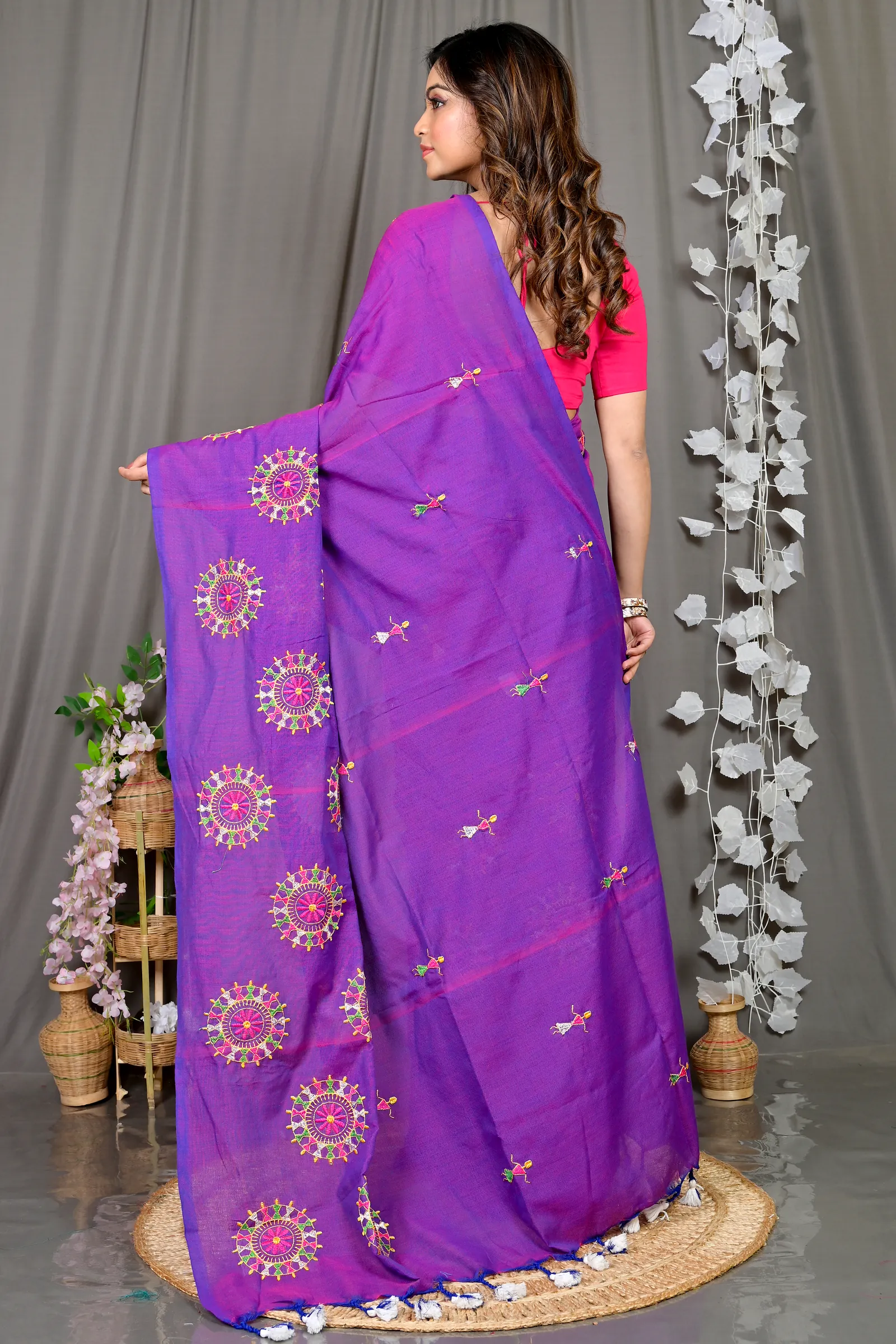 Purple Pure Cotton Parama Embroidery Handloom saree (282)
