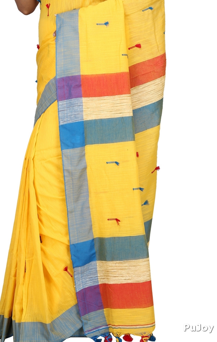 Yellow Pure Cotton Clacial Desigined Hand Loom Saree (2822)