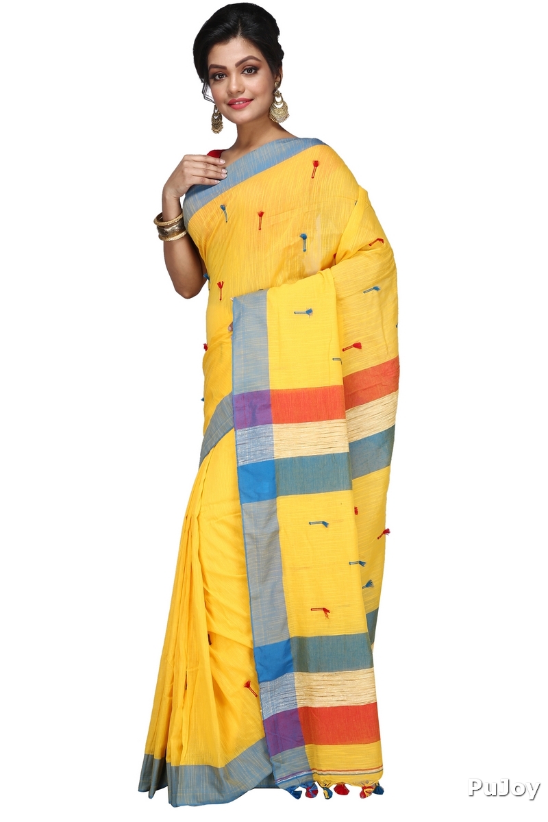 Yellow Pure Cotton Clacial Desigined Hand Loom Saree (2822)