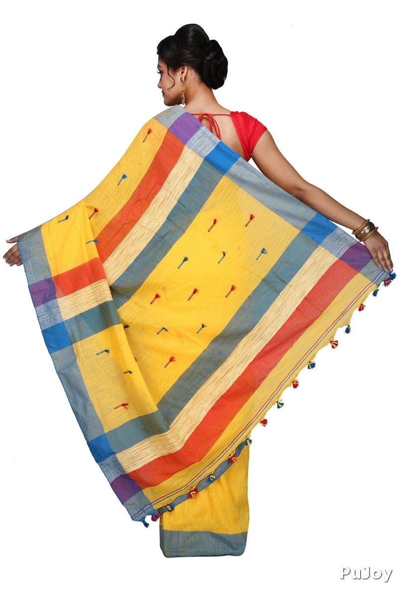 Yellow Pure Cotton Clacial Desigined Hand Loom Saree (2822)