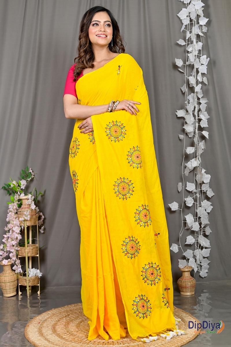 Yellow Pure Cotton Parama Embroidery Handloom saree (283)