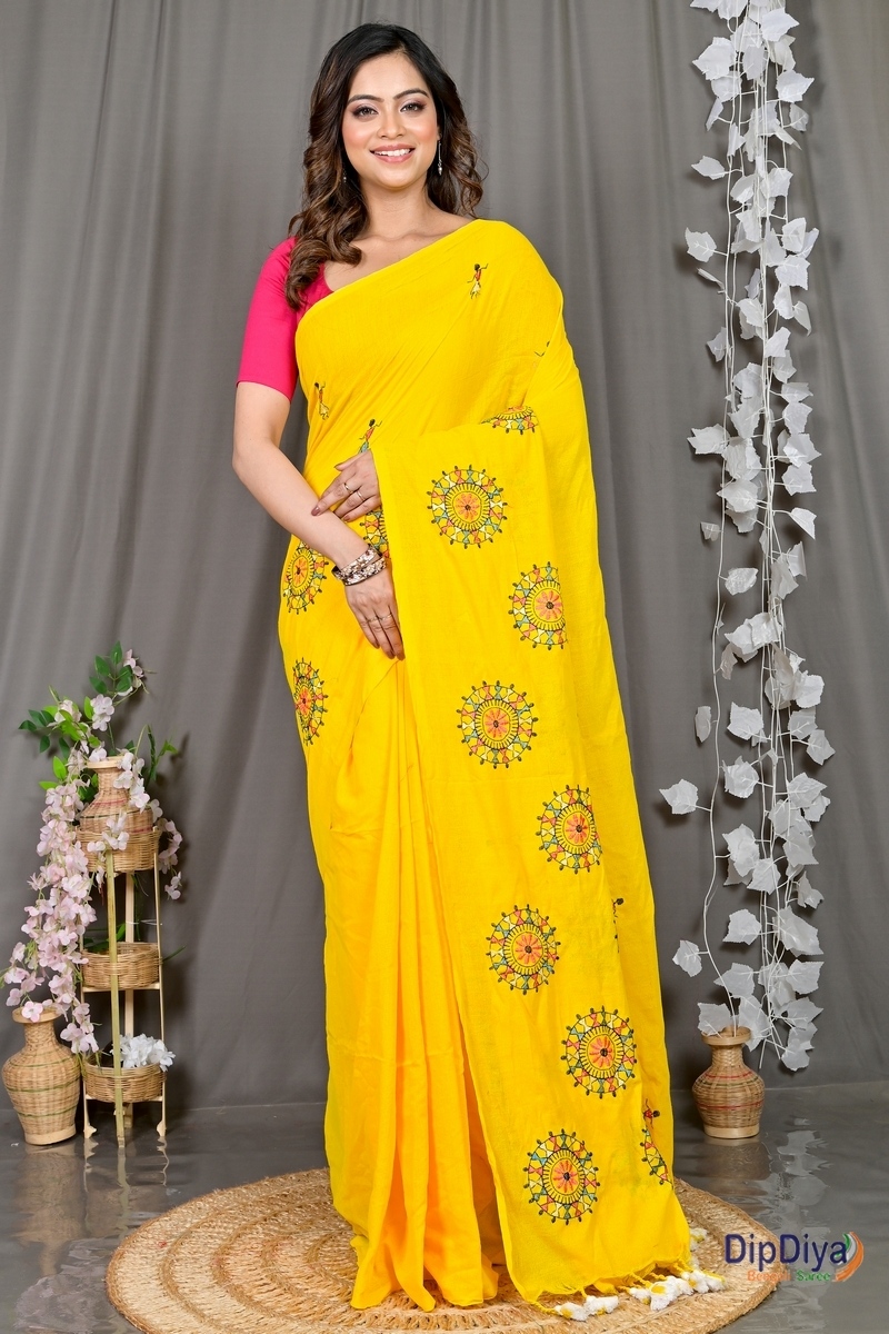 Yellow Pure Cotton Parama Embroidery Handloom saree (283)