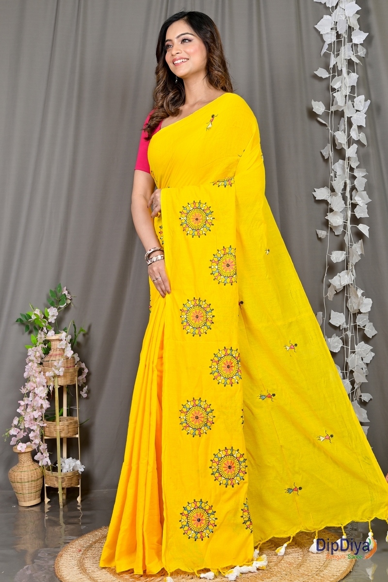 Yellow Pure Cotton Parama Embroidery Handloom saree (283)