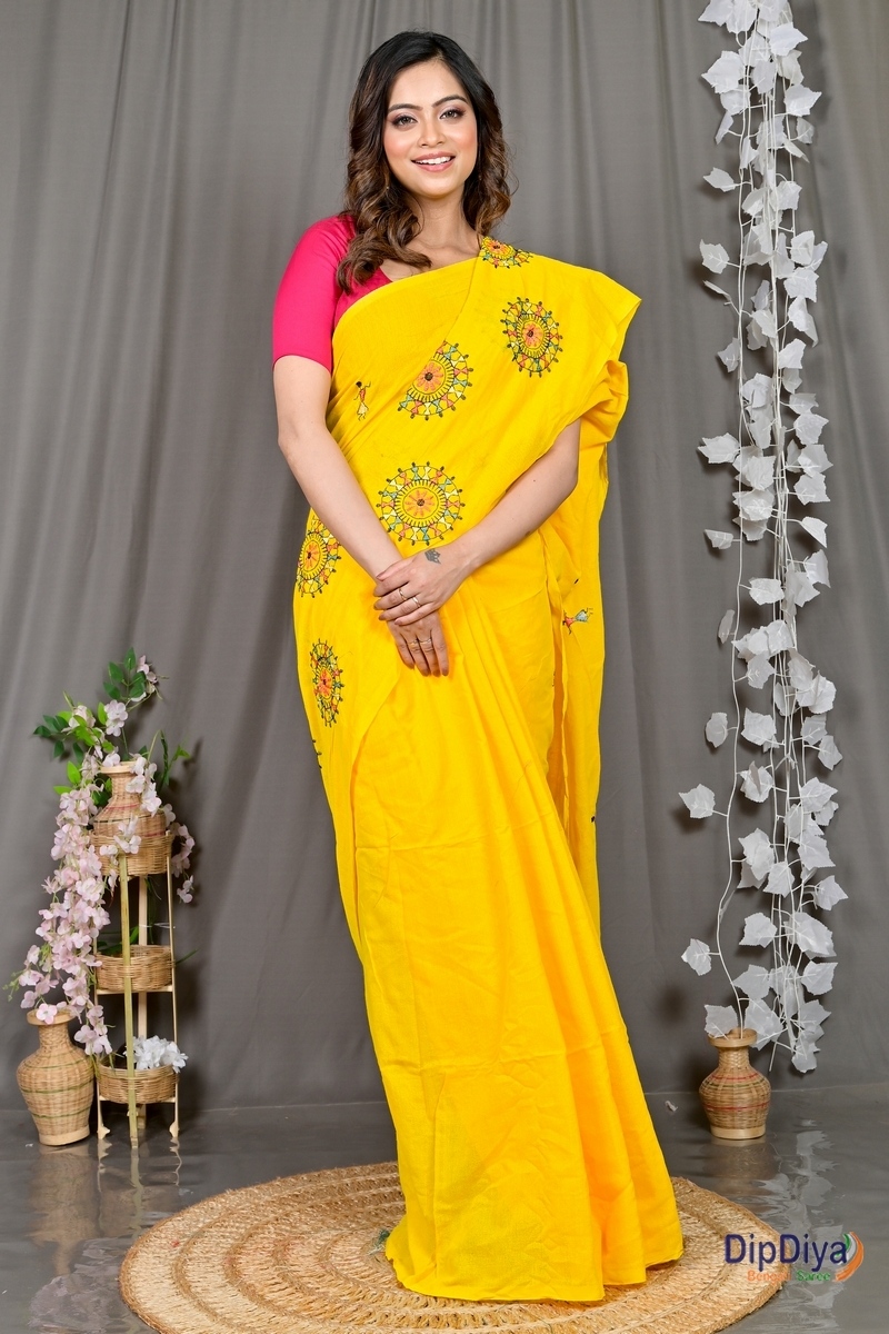 Yellow Pure Cotton Parama Embroidery Handloom saree (283)