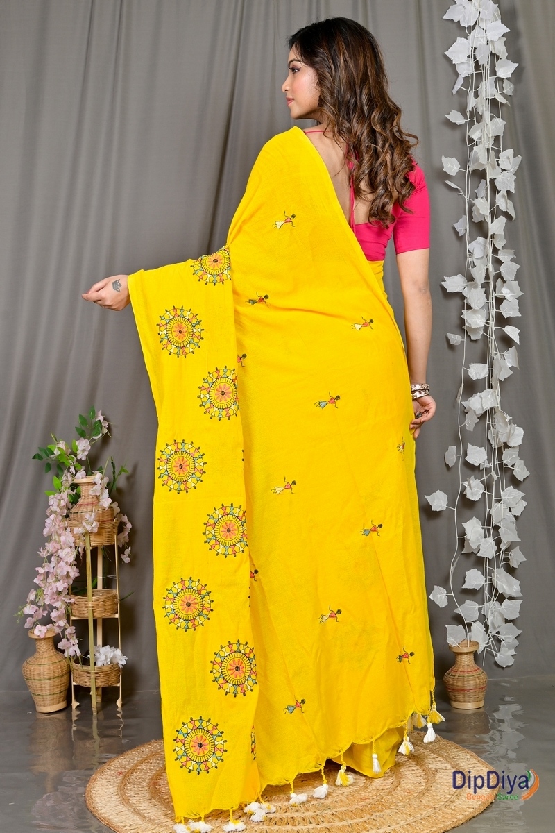 Yellow Pure Cotton Parama Embroidery Handloom saree (283)