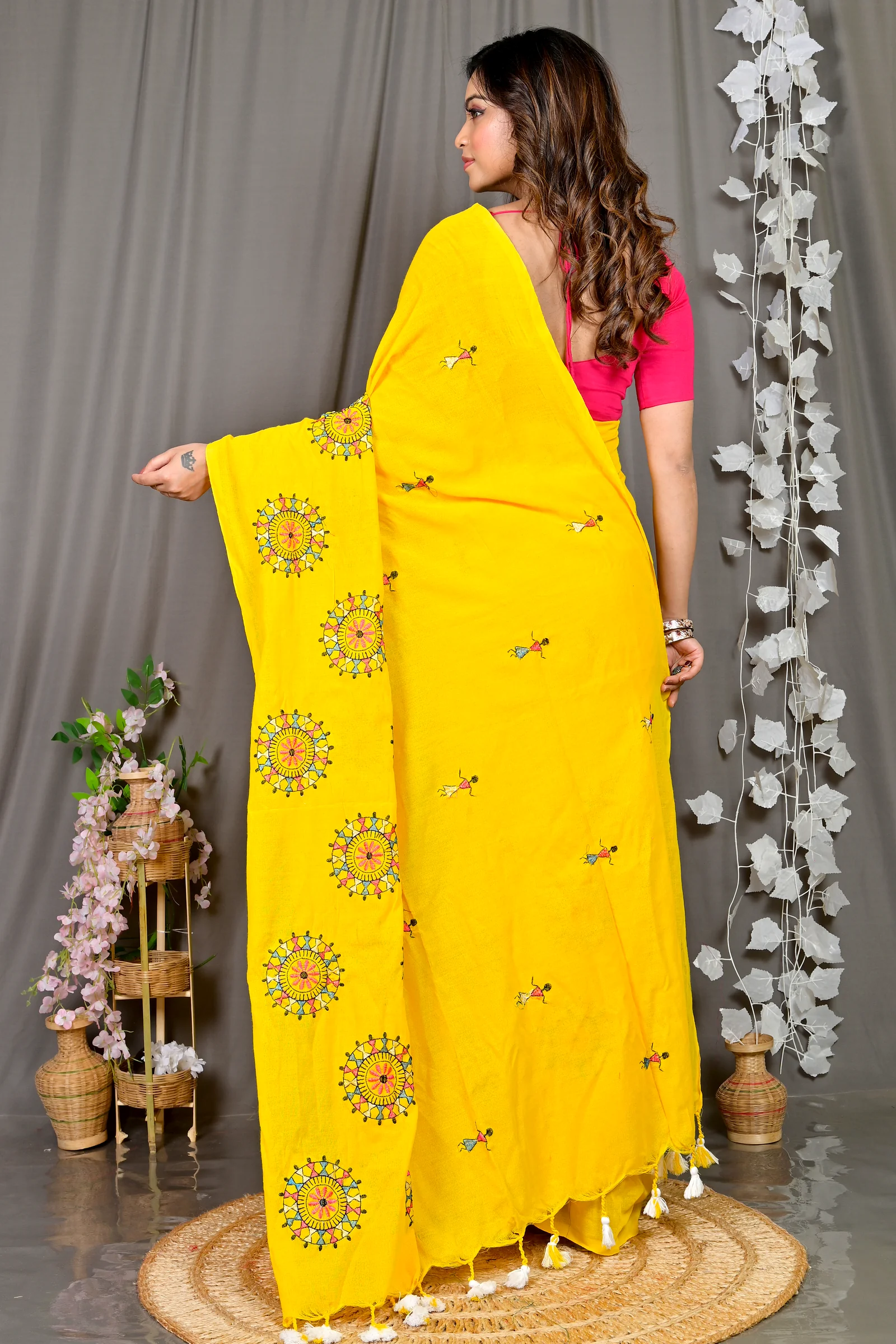 Yellow Pure Cotton Parama Embroidery Handloom saree (283)