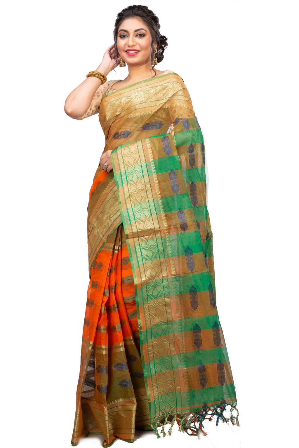 Orange Green Pure Cotton Raj Nandi Desigine Tant Saree (2830)