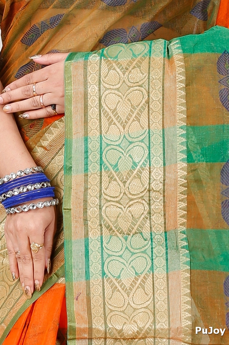 Orange Green Pure Cotton Raj Nandi Desigine Tant Saree (2830)
