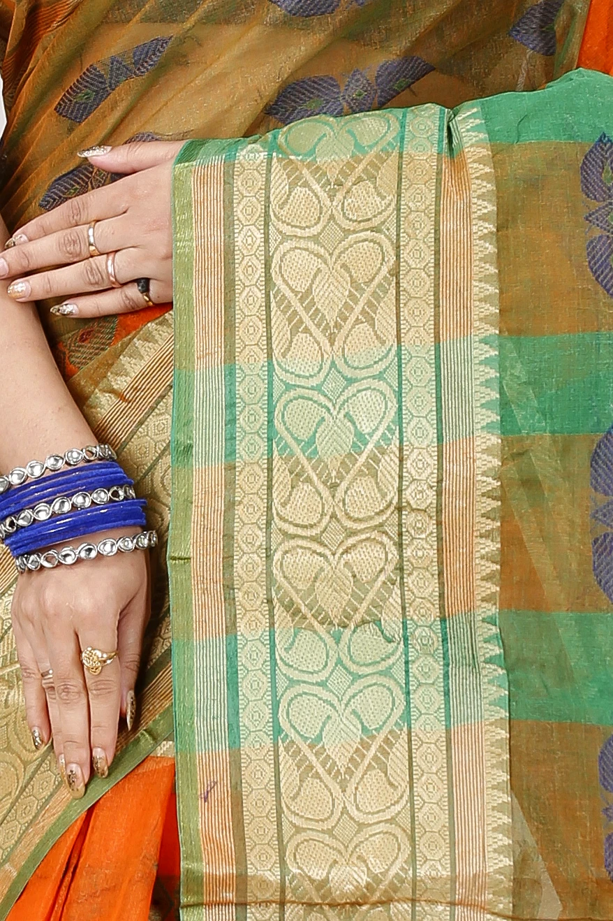 Orange Green Pure Cotton Raj Nandi Desigine Tant Saree (2830)
