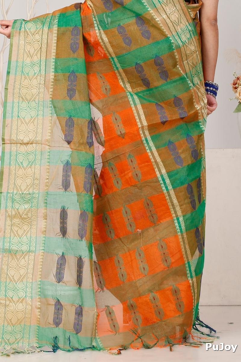 Orange Green Pure Cotton Raj Nandi Desigine Tant Saree (2830)