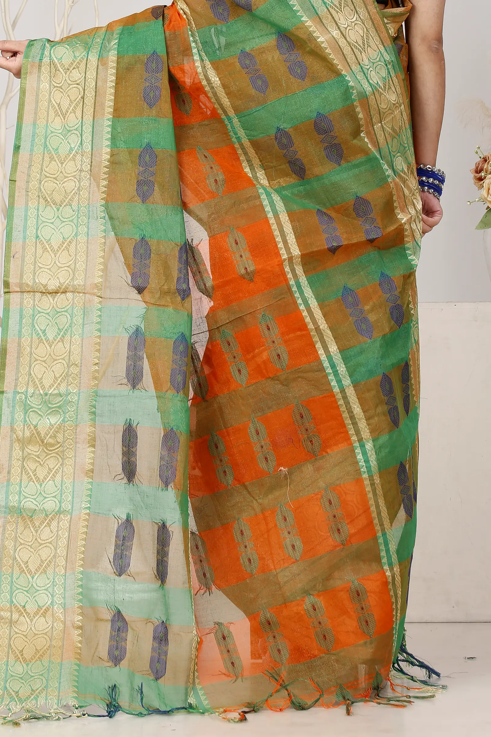 Orange Green Pure Cotton Raj Nandi Desigine Tant Saree (2830)