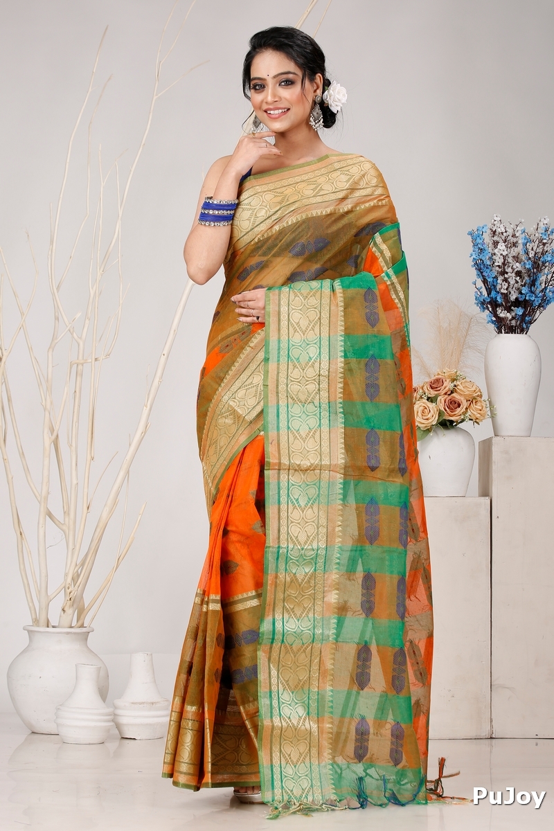 Orange Green Pure Cotton Raj Nandi Desigine Tant Saree (2830)