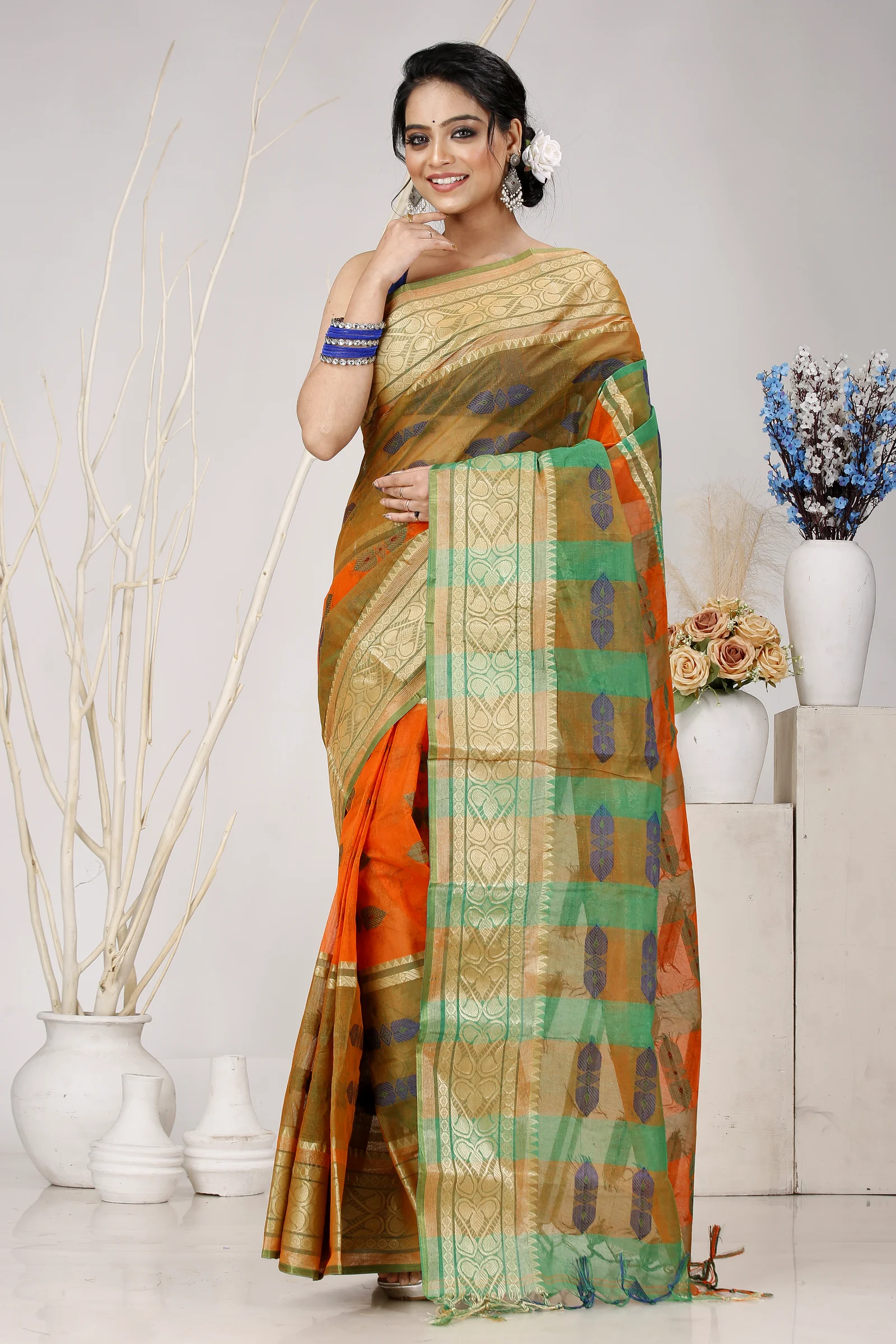 Orange Green Pure Cotton Raj Nandi Desigine Tant Saree (2830)